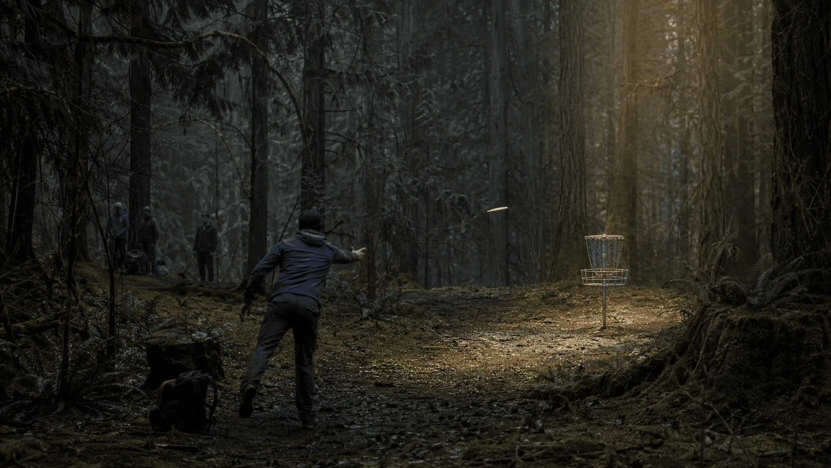 A disc golfer throwing toward a basket in a Northwest evergreen forest